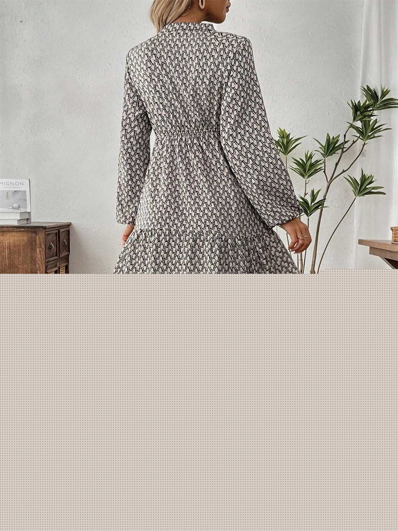 Tiered Printed Notched Long Sleeve Dress