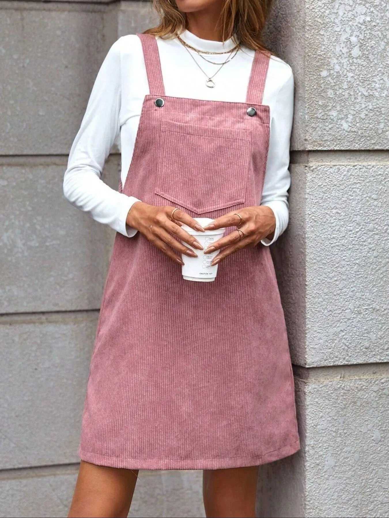 Corduroy Overall Mini Dress with Pocket