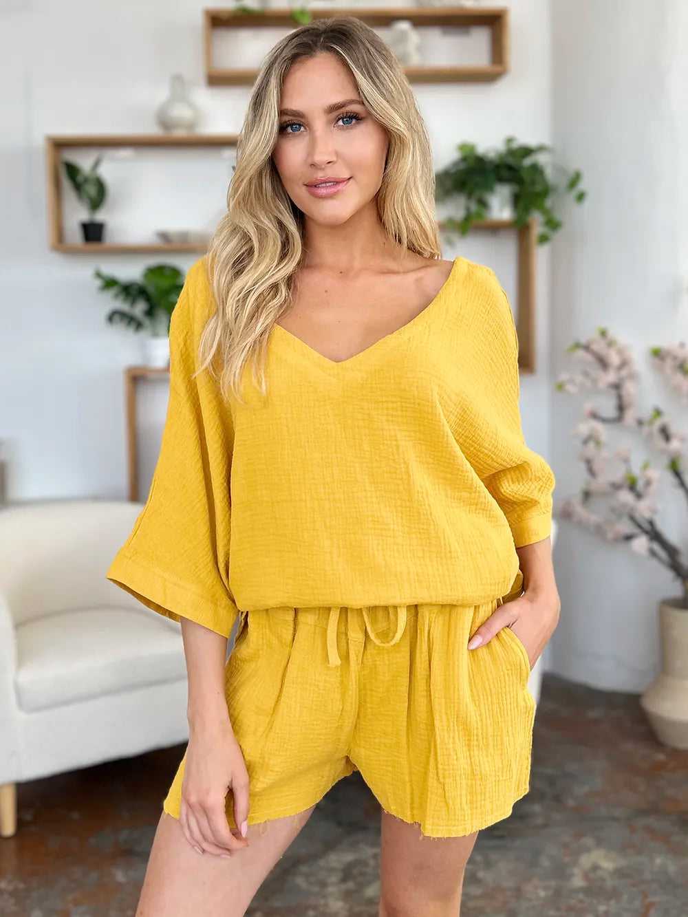 Double Take Texture Half Sleeve T-Shirt and Drawstring Shorts Set