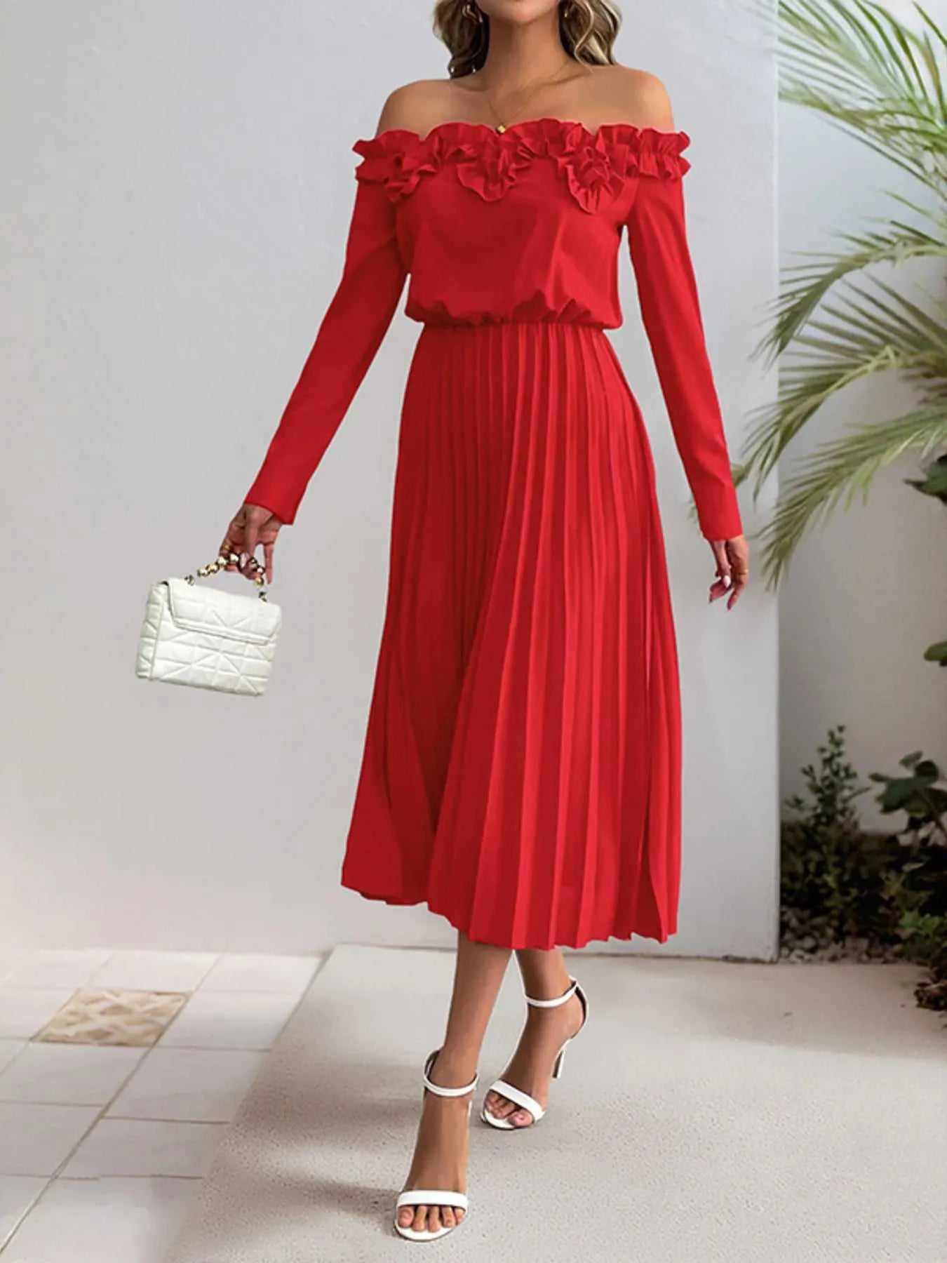 Off-Shoulder Ruffle Pleated Midi Dress