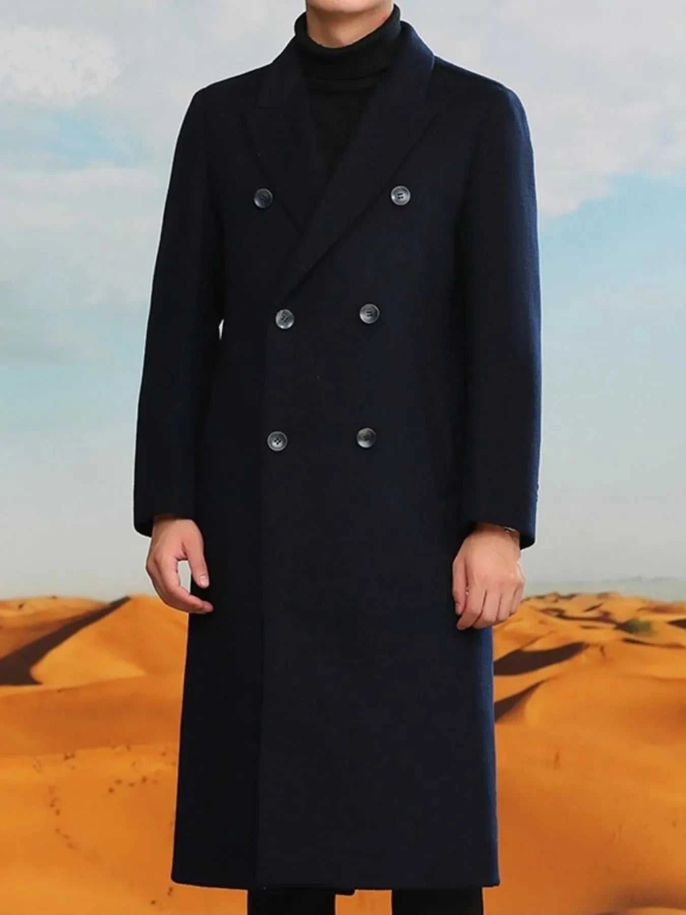 Men's Plus Size Double-Breasted Long Wool Coat