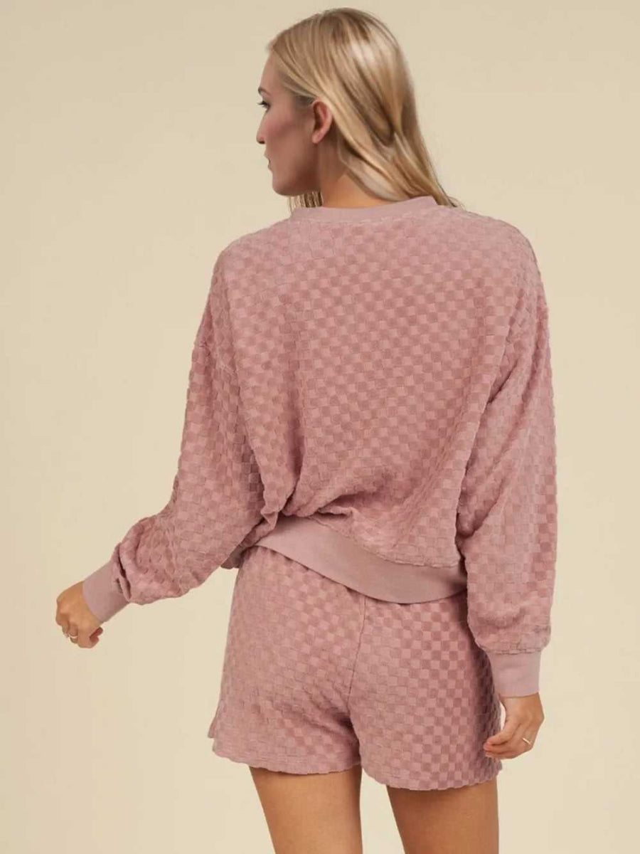 Oh Checkered Round Neck Long Sleeve Top and Shorts Set - Hopeford Streams