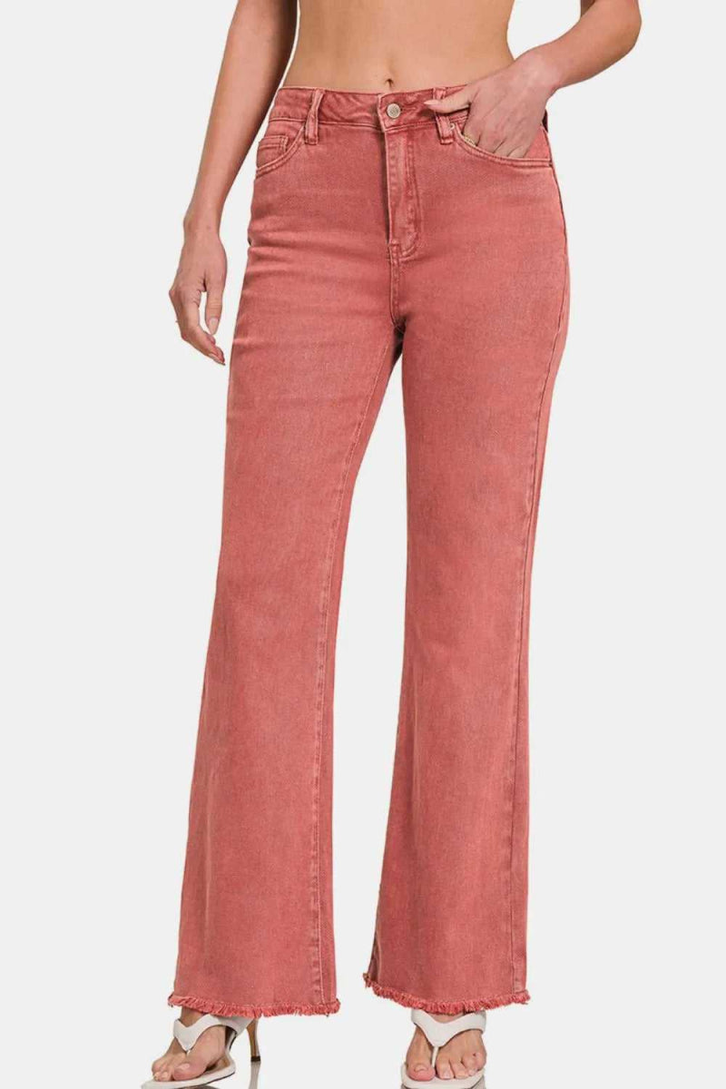 Zenana Acid Washed Frayed Hem Bootcut Jeans - Hopeford Streams