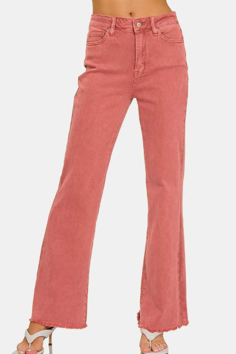 Zenana Acid Washed Frayed Hem Bootcut Jeans - Hopeford Streams