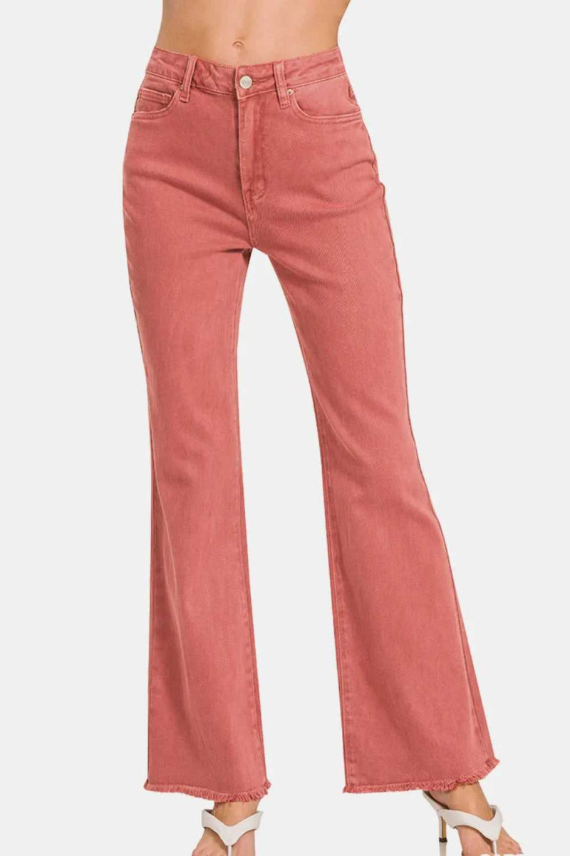 Zenana Acid Washed Frayed Hem Bootcut Jeans - Hopeford Streams