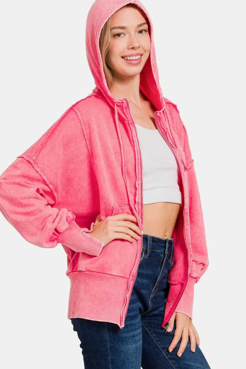Zenana Acid Washed French Terry Zip - Up Hoodie with Pockets - Hopeford Streams