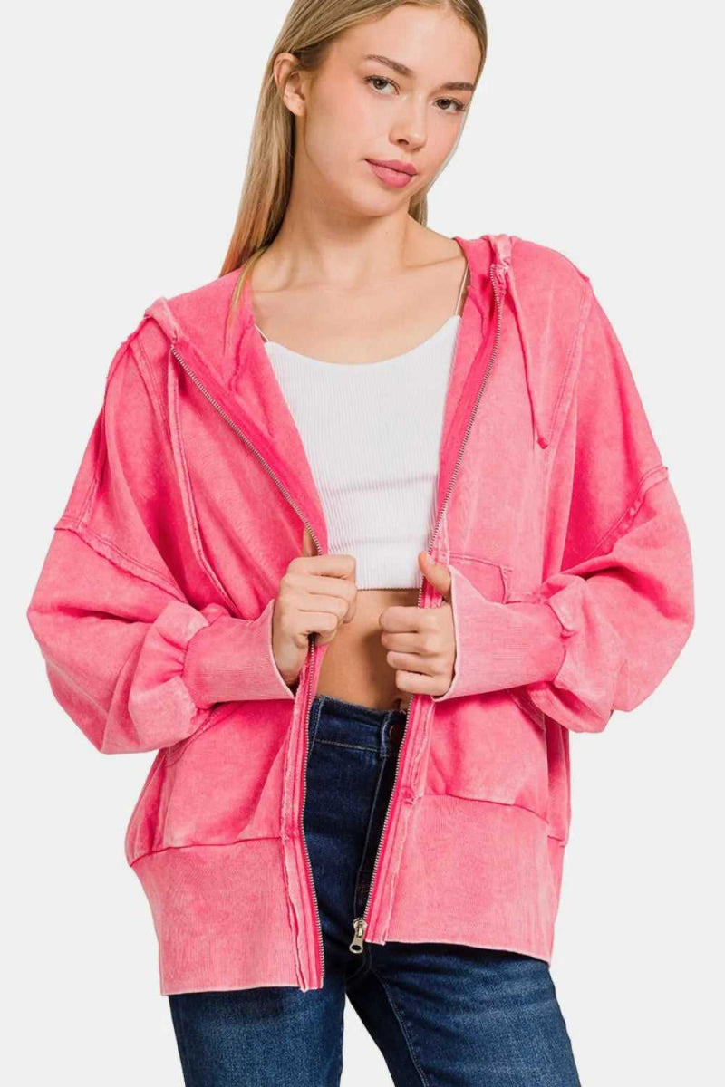 Zenana Acid Washed French Terry Zip - Up Hoodie with Pockets - Hopeford Streams