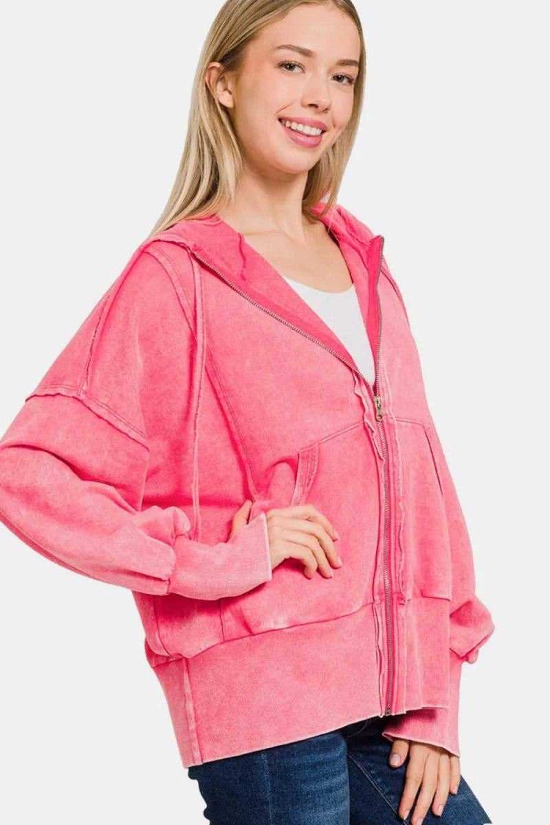 Zenana Acid Washed French Terry Zip - Up Hoodie with Pockets - Hopeford Streams