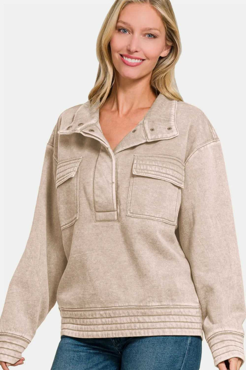 Zenana Acid Washed Half Snap Fleece Sweatshirt - Hopeford Streams