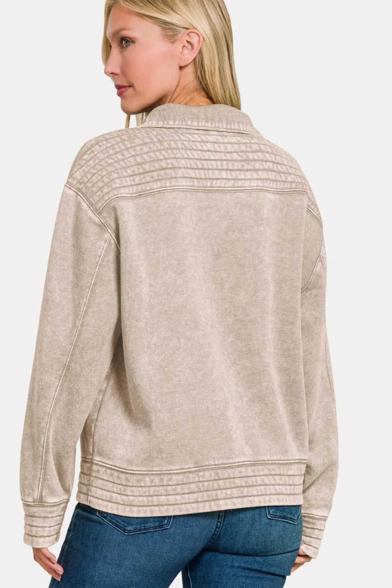 Zenana Acid Washed Half Snap Fleece Sweatshirt - Hopeford Streams