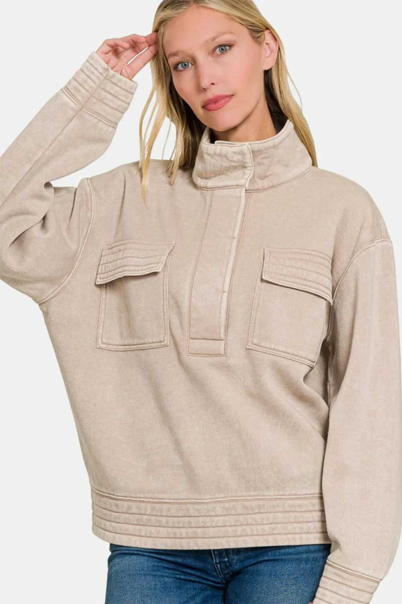 Zenana Acid Washed Half Snap Fleece Sweatshirt - Hopeford Streams