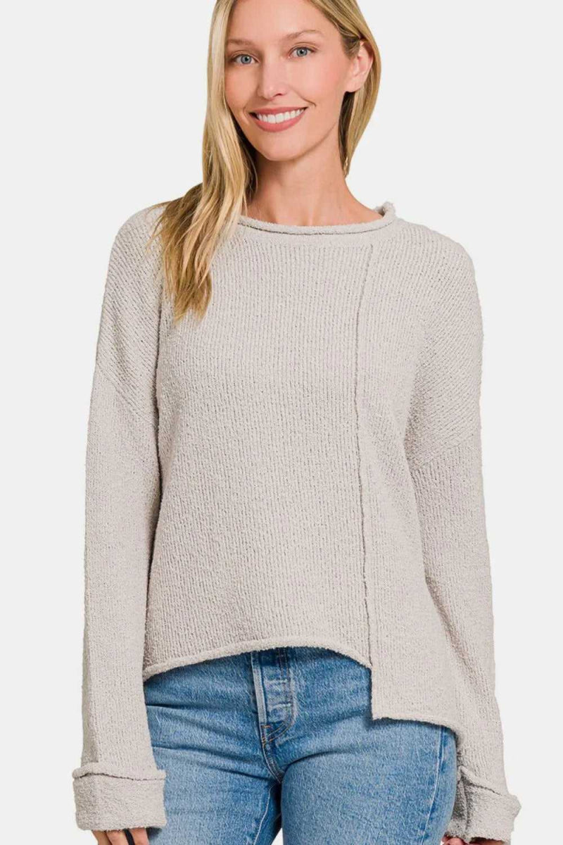Zenana Asymmetric Hem Drop Shoulder Sweater - Hopeford Streams