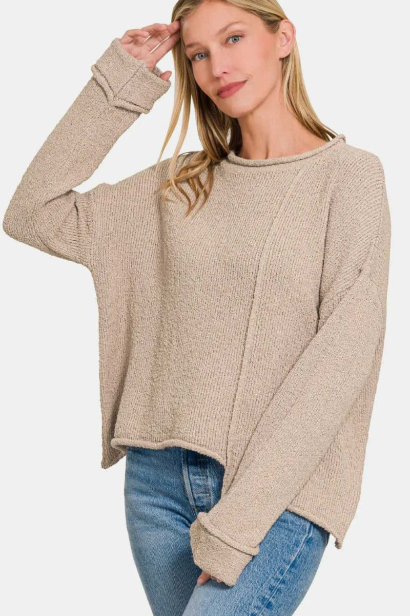 Zenana Asymmetric Hem Drop Shoulder Sweater - Hopeford Streams