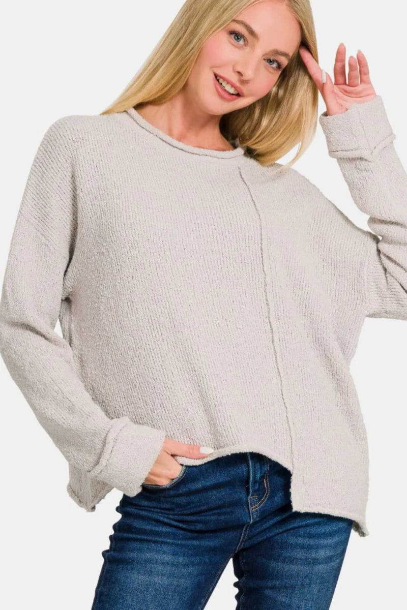 Zenana Asymmetric Hem Drop Shoulder Sweater - Hopeford Streams