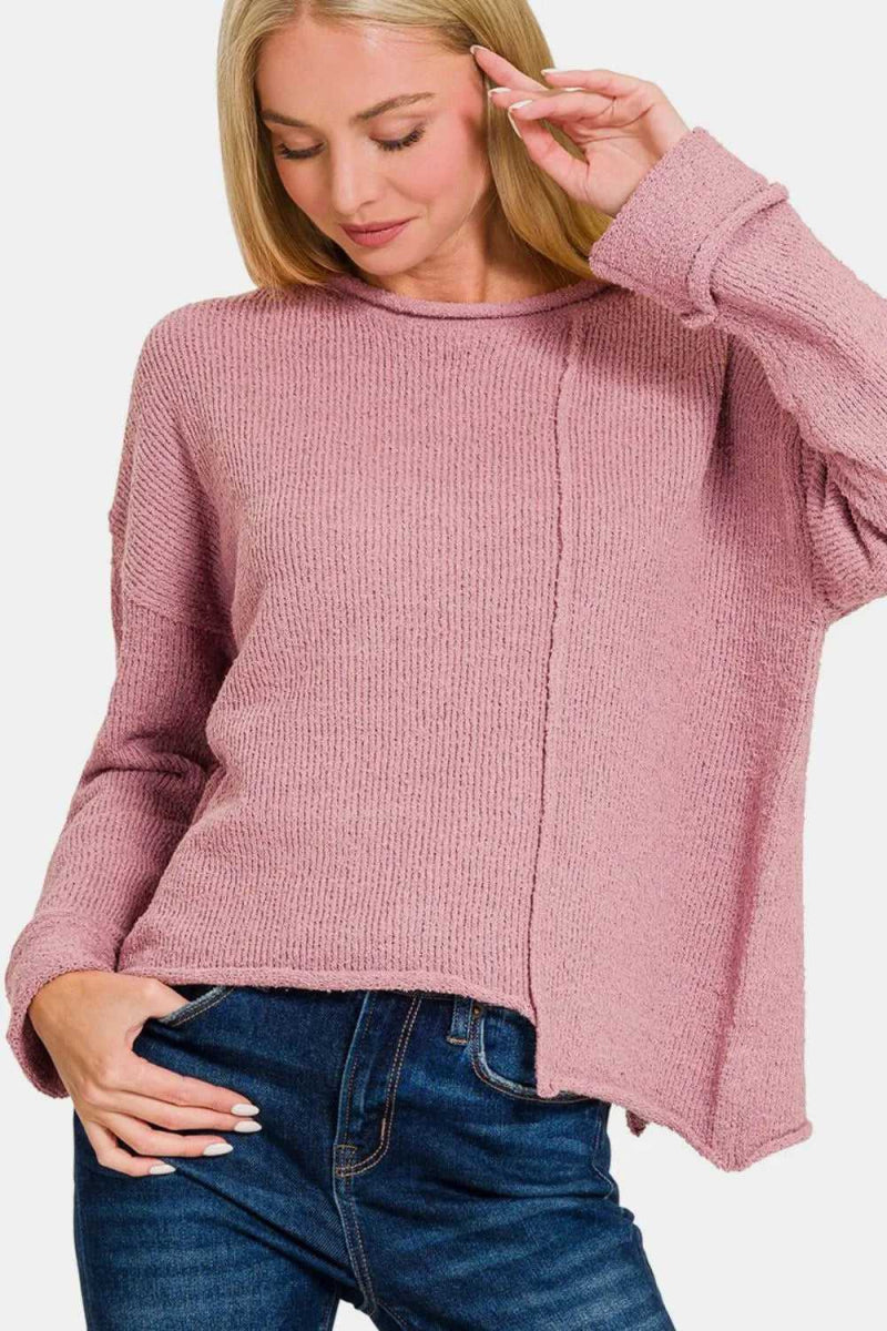 Zenana Asymmetric Hem Drop Shoulder Sweater - Hopeford Streams