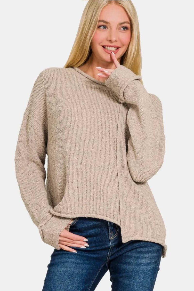 Zenana Asymmetric Hem Drop Shoulder Sweater - Hopeford Streams