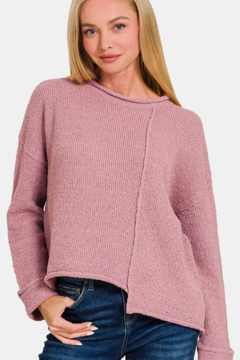 Zenana Asymmetric Hem Drop Shoulder Sweater - Hopeford Streams