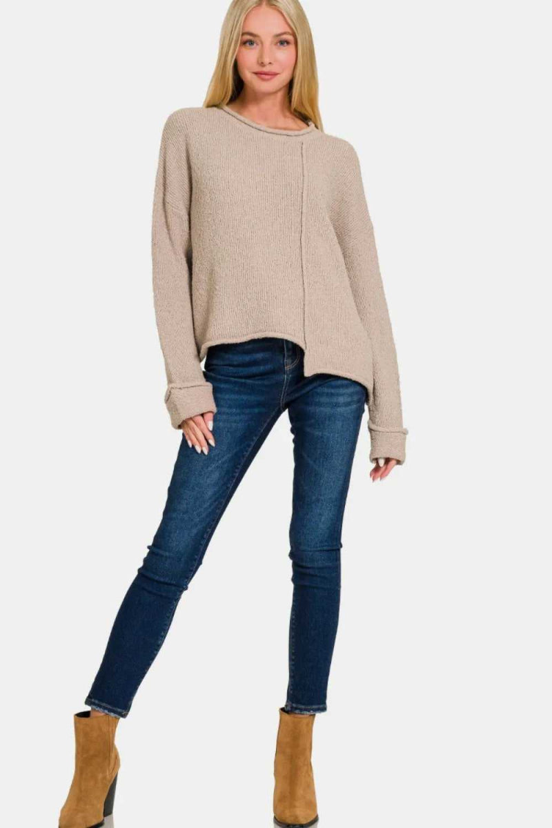 Zenana Asymmetric Hem Drop Shoulder Sweater - Hopeford Streams