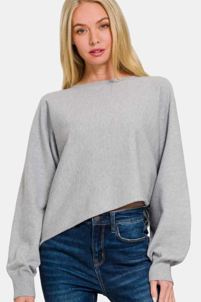 Zenana Asymmetric Hem Long Sleeve Sweater - Hopeford Streams