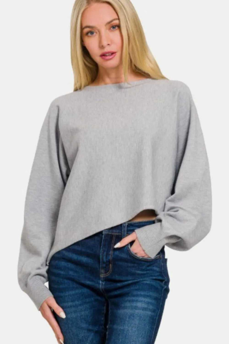 Zenana Asymmetric Hem Long Sleeve Sweater - Hopeford Streams
