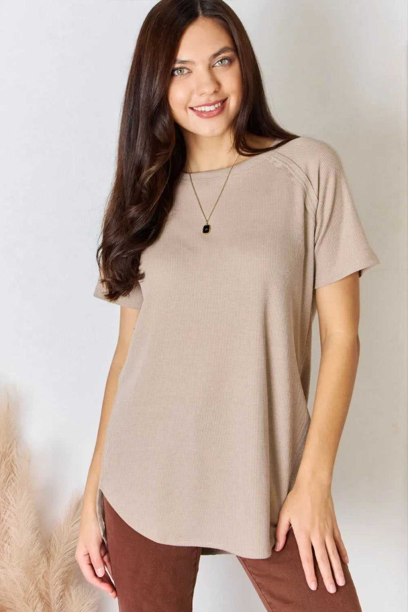 Zenana Baby Waffle Short Sleeve Slit High - Low T-Shirt - Hopeford Streams