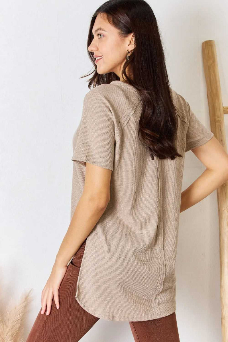 Zenana Baby Waffle Short Sleeve Slit High - Low T-Shirt - Hopeford Streams