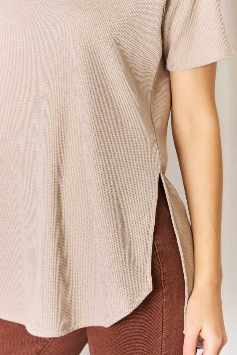Zenana Baby Waffle Short Sleeve Slit High - Low T-Shirt - Hopeford Streams