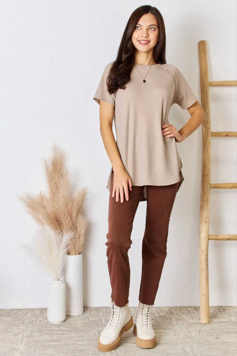 Zenana Baby Waffle Short Sleeve Slit High - Low T-Shirt - Hopeford Streams