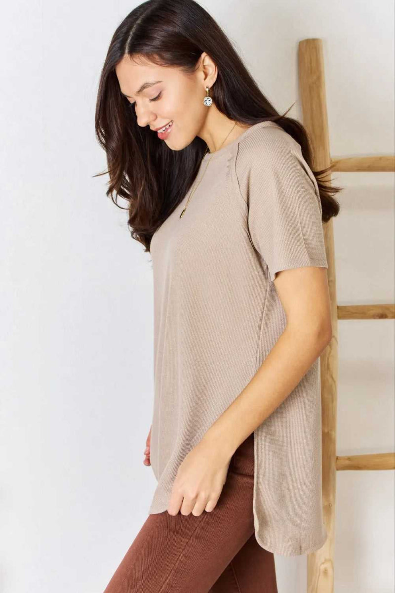 Zenana Baby Waffle Short Sleeve Slit High - Low T-Shirt - Hopeford Streams