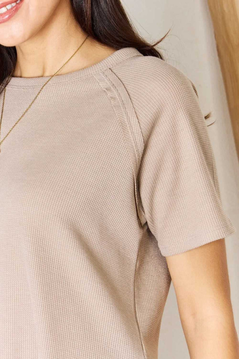 Zenana Baby Waffle Short Sleeve Slit High - Low T-Shirt - Hopeford Streams
