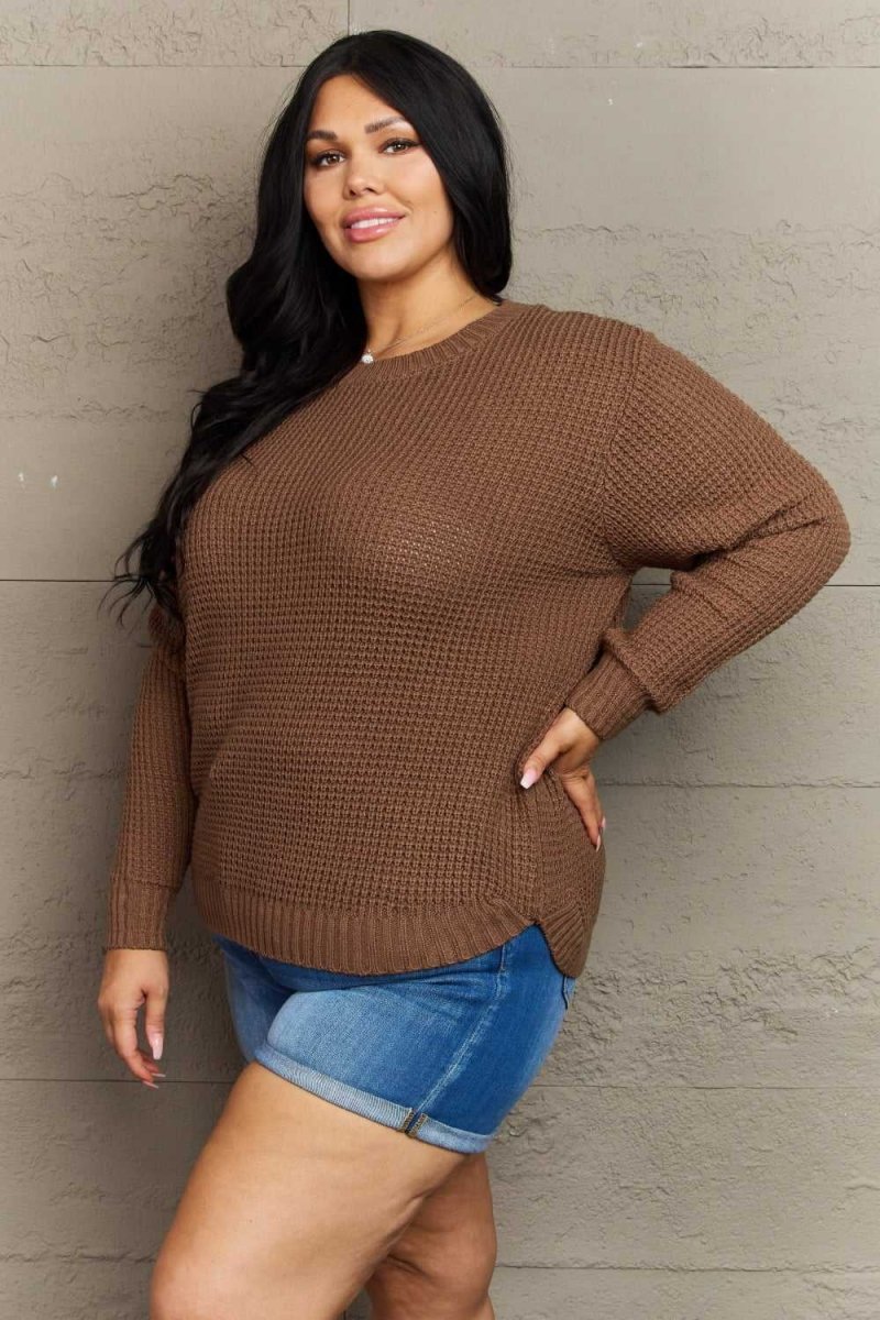 Zenana Breezy Days Plus Size High Low Waffle Knit Sweater - Hopeford Streams