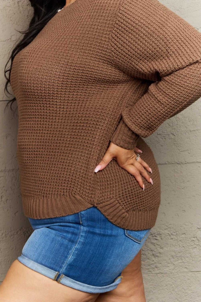 Zenana Breezy Days Plus Size High Low Waffle Knit Sweater - Hopeford Streams