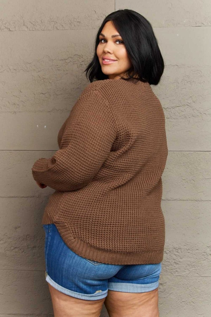 Zenana Breezy Days Plus Size High Low Waffle Knit Sweater - Hopeford Streams