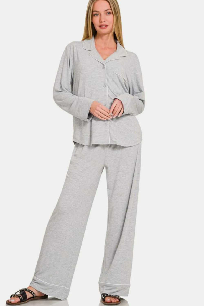 Zenana Button Down Long Sleeve Top and Pants Lounge Set - Hopeford Streams