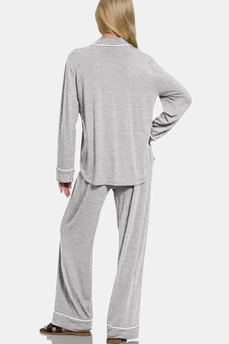 Zenana Button Down Long Sleeve Top and Pants Lounge Set - Hopeford Streams