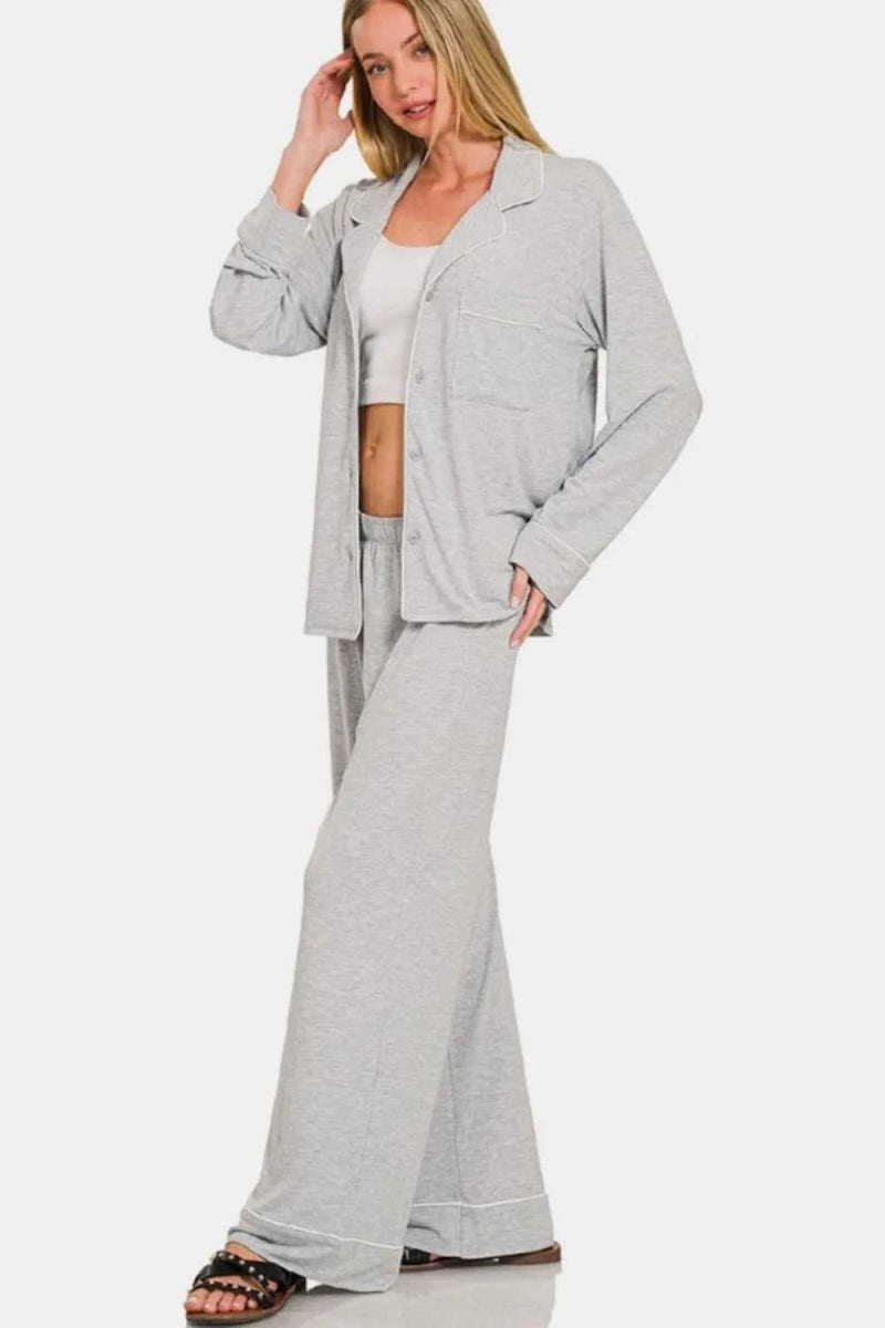 Zenana Button Down Long Sleeve Top and Pants Lounge Set - Hopeford Streams