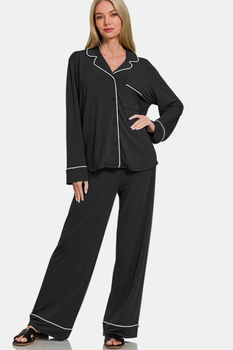 Zenana Button Down Long Sleeve Top and Pants Lounge Set - Hopeford Streams