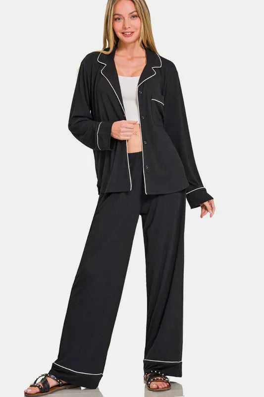 Zenana Button Down Long Sleeve Top and Pants Lounge Set - Hopeford Streams