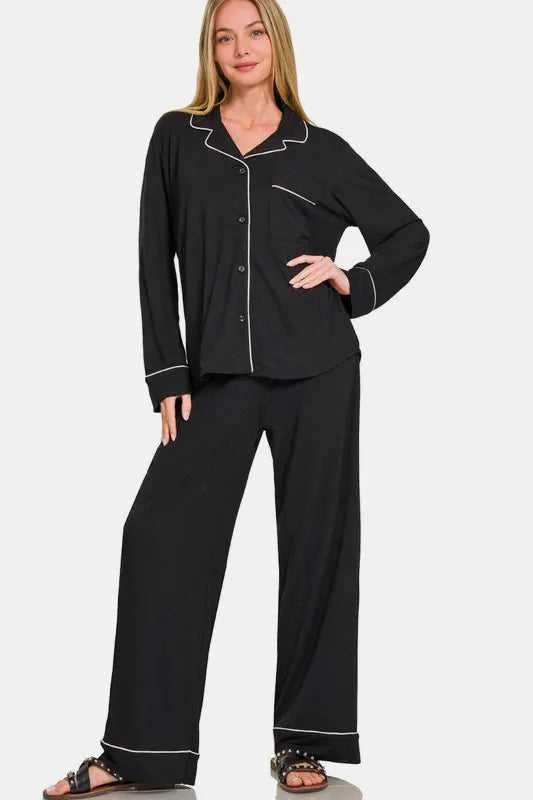 Zenana Button Down Long Sleeve Top and Pants Lounge Set - Hopeford Streams