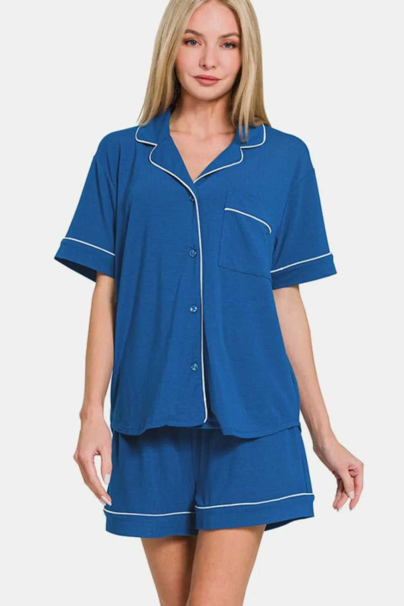Zenana Button Down Short Sleeve Top and Shorts Lounge Set - Hopeford Streams