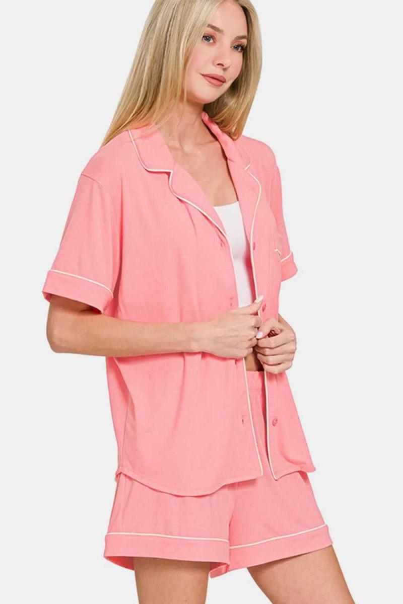 Zenana Button Down Short Sleeve Top and Shorts Lounge Set - Hopeford Streams