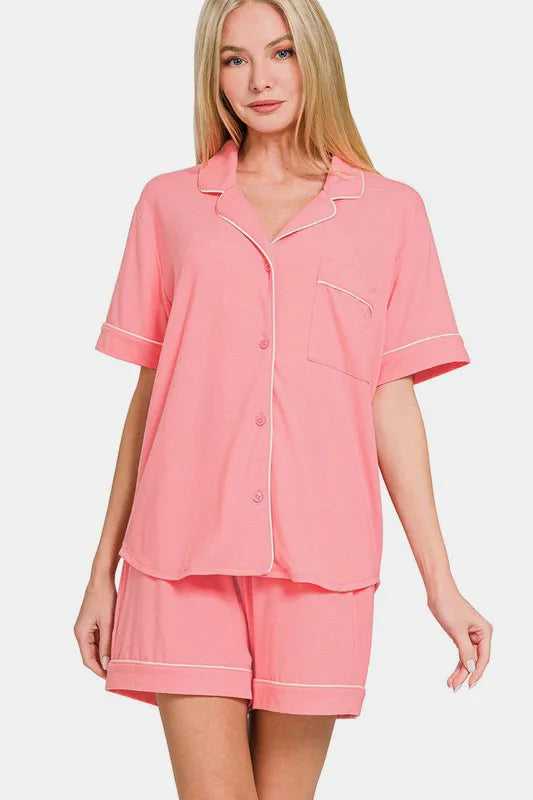 Zenana Button Down Short Sleeve Top and Shorts Lounge Set - Hopeford Streams