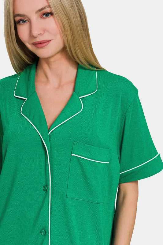 Zenana Button Down Short Sleeve Top and Shorts Lounge Set - Hopeford Streams
