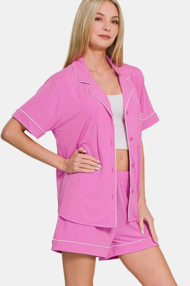 Zenana Button Down Short Sleeve Top and Shorts Lounge Set - Hopeford Streams