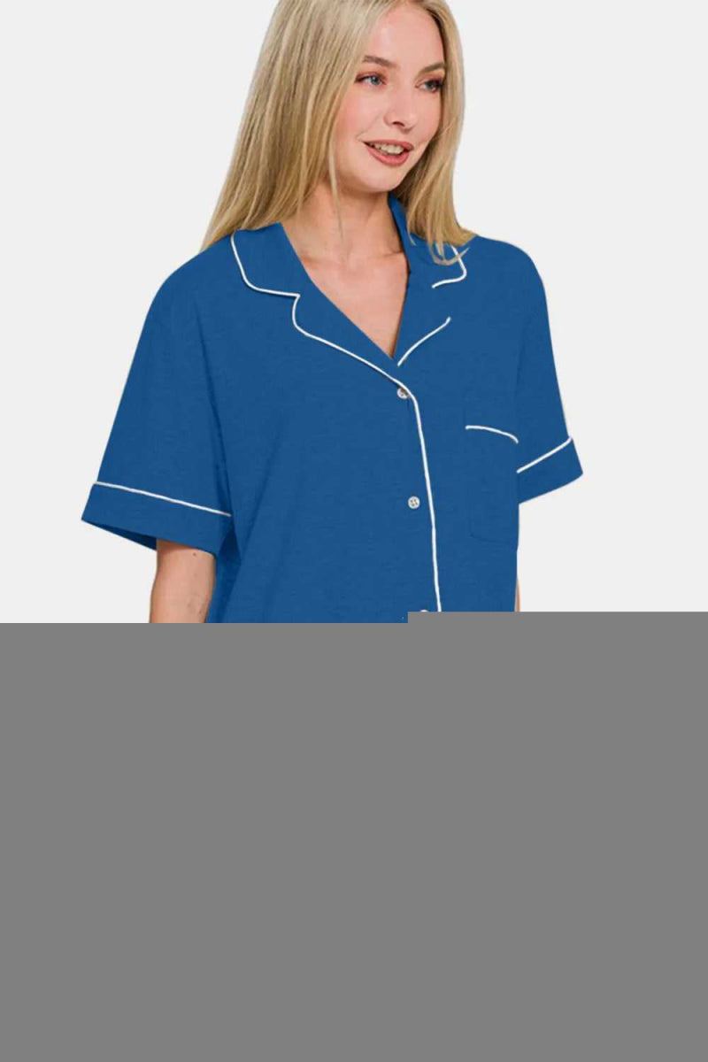 Zenana Button Down Short Sleeve Top and Shorts Lounge Set - Hopeford Streams