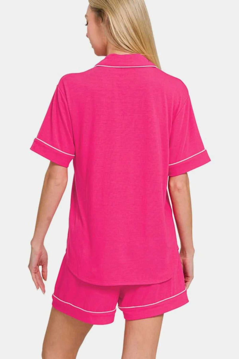 Zenana Button Down Short Sleeve Top and Shorts Lounge Set - Hopeford Streams