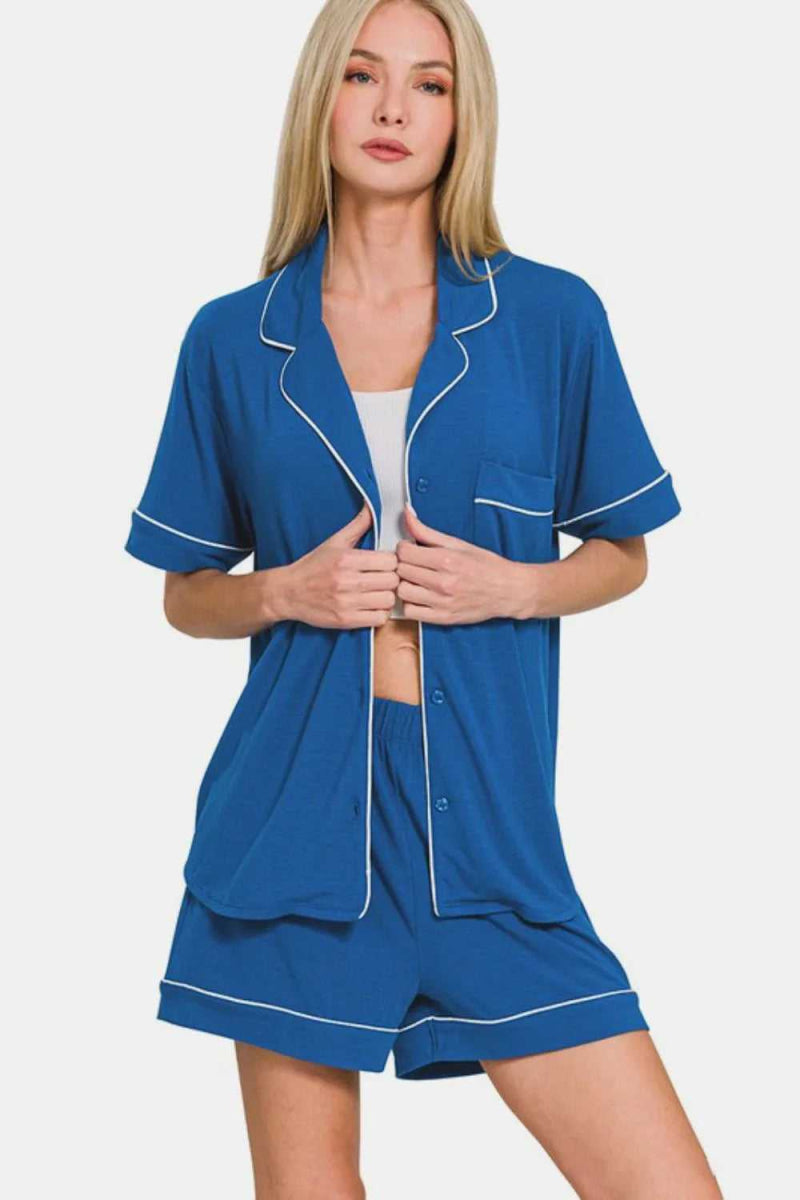 Zenana Button Down Short Sleeve Top and Shorts Lounge Set - Hopeford Streams