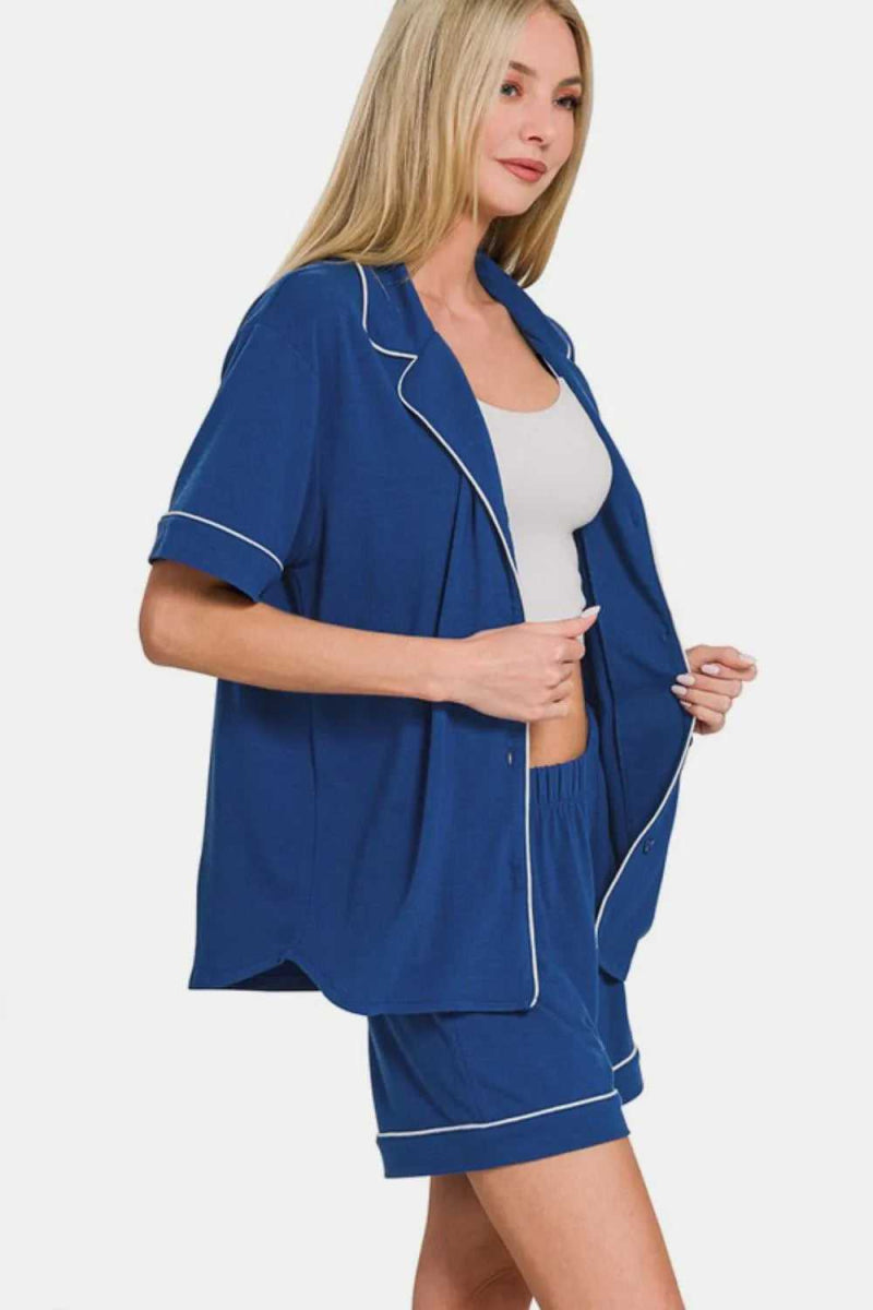 Zenana Button Down Short Sleeve Top and Shorts Lounge Set - Hopeford Streams