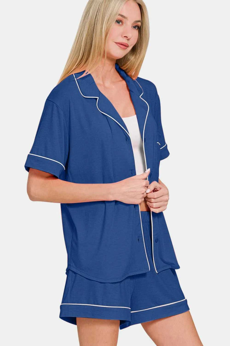 Zenana Button Down Short Sleeve Top and Shorts Lounge Set - Hopeford Streams