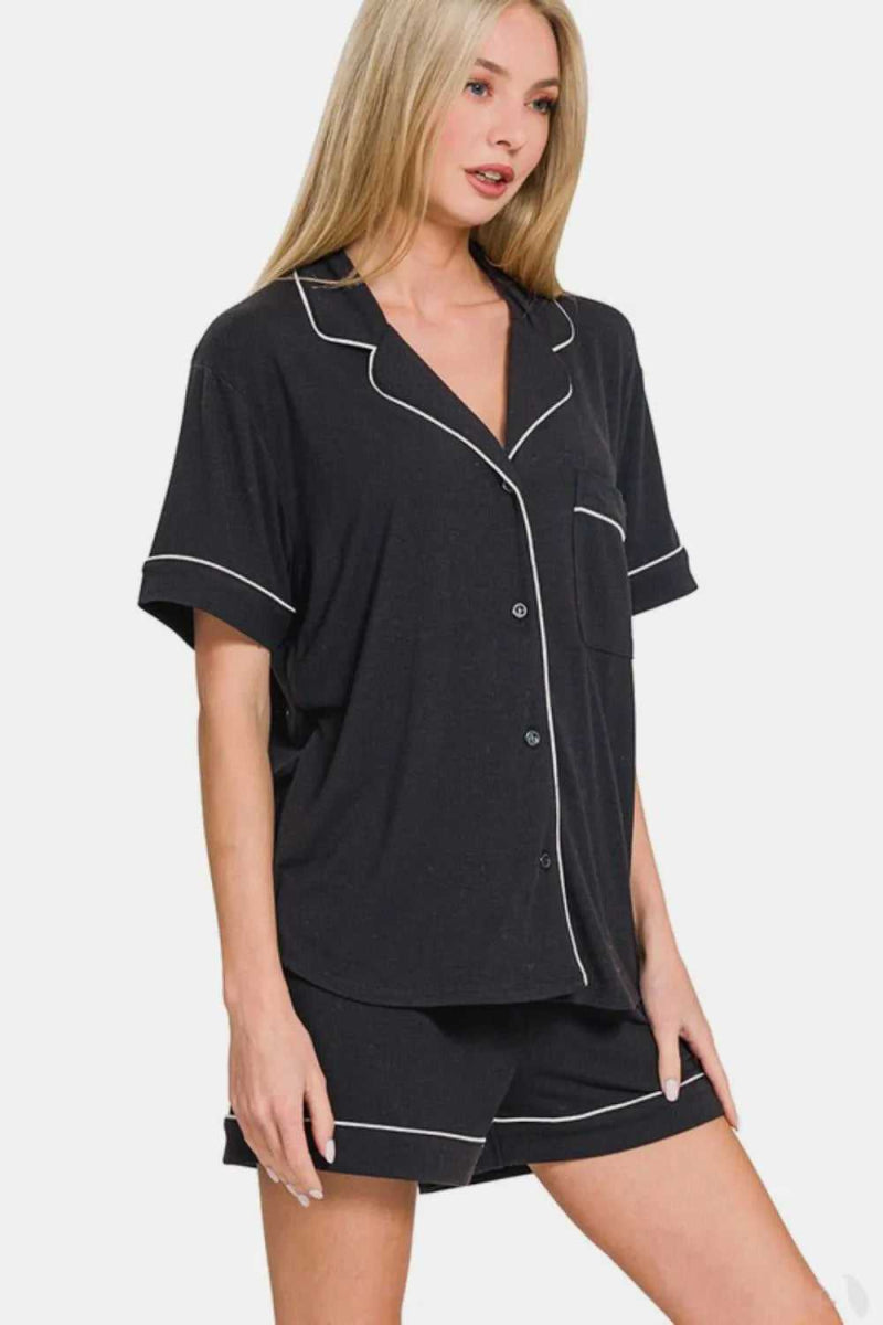Zenana Button Down Short Sleeve Top and Shorts Lounge Set - Hopeford Streams